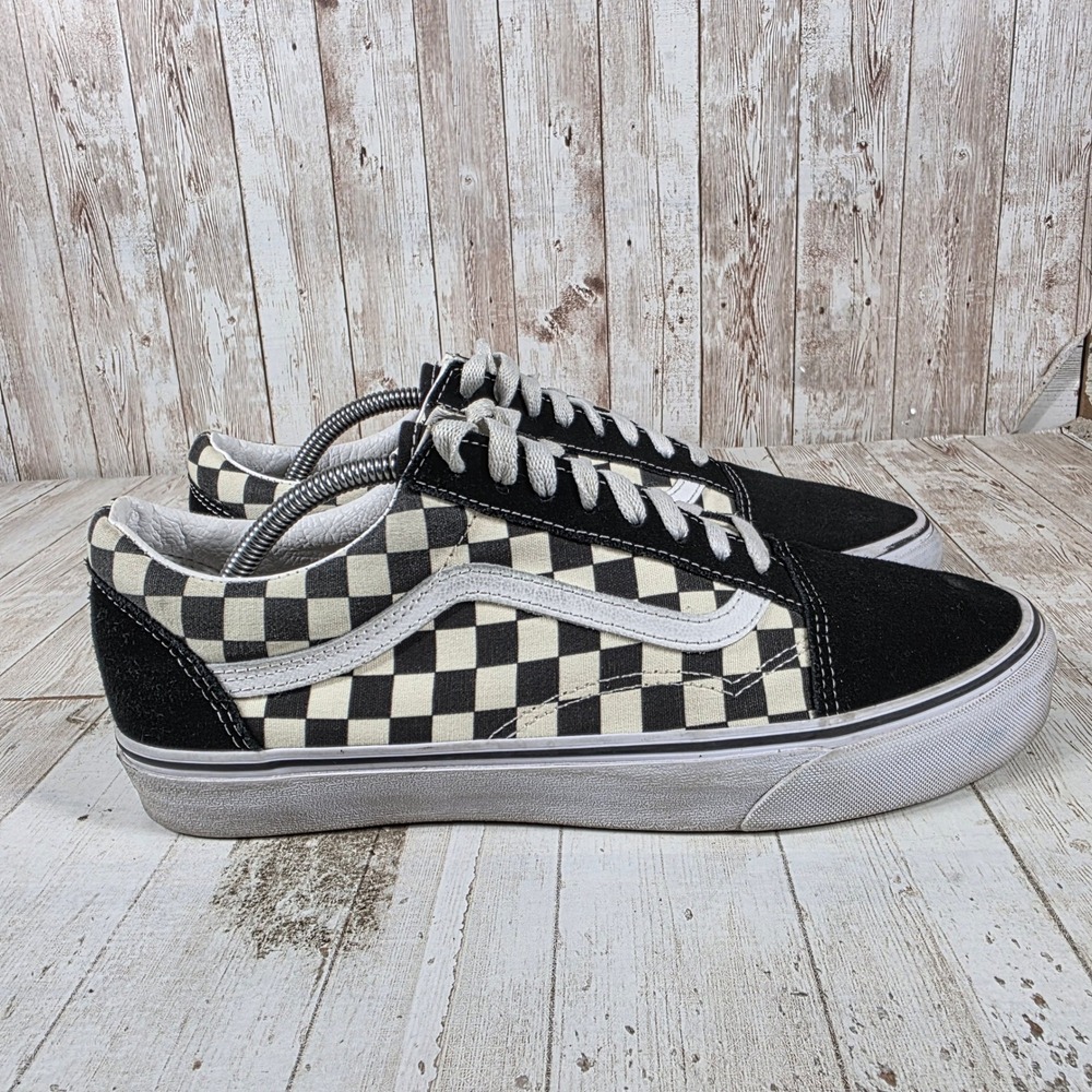 Vans Old Skool Checkerboard Sneakers Mens 11 Black White Suede Canvas Low Top